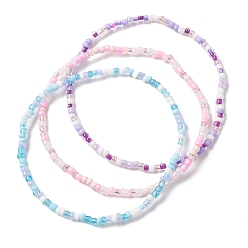 Mixed Color 3Pcs 3 Style Glass Seed Beaded Anklets Set, Mixed Color, Inner Diameter: 2-5/8 inch(6.8cm), 1Pc/color