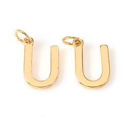 Letter U Brass Charms, with Jump Rings, Letter, Real 18K Gold Plated, Letter.U, U: 9.5x6.5x1mm, Hole: 2.5mm