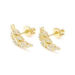 Real 18K Gold Plated Clear Cubic Zirconia Feather Stud Earrings, Brass Jewelry for Women, Cadmium Free & Nickel Free & Lead Free, Real 18K Gold Plated, 13x6mm, Pin: 0.6mm