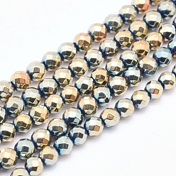 Rainbow Plated Electroplate Non-magnetic Synthetic Hematite Beads Strands, Faceted, Round, Rainbow Plated, 4mm, Hole: 1mm, about 95pcs/strand, 15 inch(38cm)