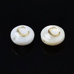 Letter C Natural Freshwater Shell Beads, with Golden Plated Brass Etched Metal Embellishments, Flat Round with Letter, Seashell Color, Letter.C, 6x4mm, Hole: 0.8mm