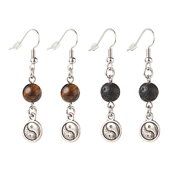 Tiger Eye 2Pair 2 Style Natural Lava Rock & Tiger Eye with Yin Yang Long Dangle Earrings, Brass Jewelry for Women, 49~50mm, Pin: 0.7mm, 1 Pair/style
