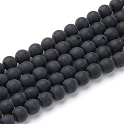 Black Agate Natural Agate Stone Beads Strands, Dyed, Frosted Style, Round, 4~4.5mm, Hole: 1mm, about 96pcs/strand, 15.5 inch