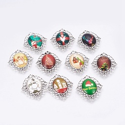 Antique Silver DIY Pendants Making, with Christmas Theme Glass Oval Flatback Cabochons and Tibetan Style Alloy Pendant Cabochon Settings, Oval, Antique Silver, Setting: 41x35x2mm, Hole: 2x3mm, Cabochon: 25x18x6mm, 2pcs/set