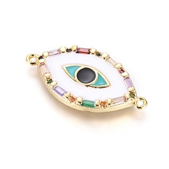 Golden Brass Micro Pave Cubic Zirconia Links connectors, with Enamel, Long-Lasting Plated, Evil Eye, Colorful, Golden, 13x25.5x3mm, Hole: 1mm