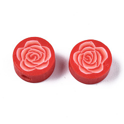 Red Handmade Polymer Clay Beads, for DIY Jewelry Crafts Supplies, Flat Round with Flower, Red, 9.5x3.5~5mm, Hole: 1.8mm