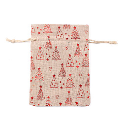 Christmas Tree Christmas Theme Linenette Drawstring Bags, Rectangle, Christmas Tree Pattern, 18x13cm