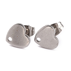Stainless Steel Color Heart Shape 304 Stainless Steel Stud Earring Findings, with Earring Backs 0.8mm Pin, for Jewelry Making, Stainless Steel Color, 8.4x9x1mm, Pin: 0.8mm