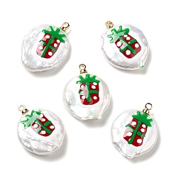 Box Colgantes de perlas keshi naturales estilo barroco con esmalte, Dijes redondos planos navideños con ganchos colgantes de latón en tono dorado, color de concha, caja, 21~23x16~17.5x4~7.5 mm, agujero: 1.2 mm