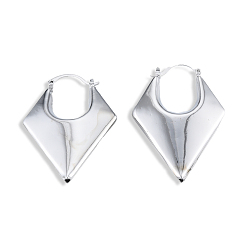 Real Platinum Plated Brass Chunky Rhombus Hoop Earrings for Women, Nickel Free, Real Platinum Plated, 48x33x7.5mm, Pin: 1mm
