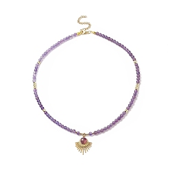 Amethyst Natural Amethyst Beaded Necklaces, 304 Stainless Steel Fan Pendant Necklaces with Lobster Claw Clasp & Chain Extender for Women, 16-3/4 inch(42.5cm)