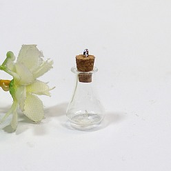 Clear Empty Small Glass Cork Vase Pendants, Wishing Bottle Charms with Platinum Plated Iron Loops, Clear, 16x27mm