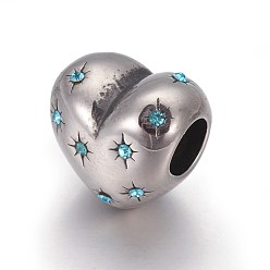 Aquamarine 304 Stainless Steel European Beads, Large Hole Beads, with Rhinestone, Heart with Star, Antique Silver, Aquamarine, 10.5x11x9mm, Hole: 4.5mm