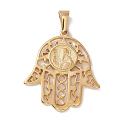 Golden Vacuum Plating 304 Stainless Steel Pendants, Hollow Hamsa Hand with Man Charm, Golden, 32x27.5x1.5mm, Hole: 6.5x3mm