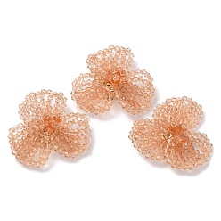 Light Salmon Glass Beaded Cabochons, Cluster Beads, with Golden Plated Brass Perforated Disc Settings, Flower, Light Salmon, 14x40x34mm