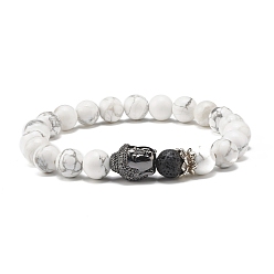 Howlite Bracelet extensible de puissance d'énergie de perles rondes d'howlite naturelle et de roche de lave pour hommes femmes, bracelet tête de bouddha perles laiton, gris anthracite, diamètre intérieur: 2-1/8 pouce (5.5 cm)