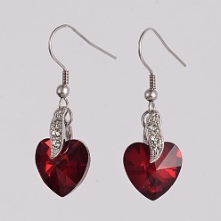 Roja De acero inoxidable de 304 corazón cuelga los pendientes de cristal, con fornituras de diamantes de imitación de latón, rojo, 40 mm, pin: 0.8 mm