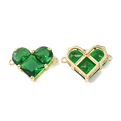 Green Brass Pave Cubic Zirconia Connector Charms, Heart Links, Real 18K Gold Plated, Green, 18.5x26x7.5mm, Hole: 1.6mm