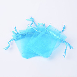 Deep Sky Blue Organza Bags, with Ribbons, Deep Sky Blue, 9x7cm