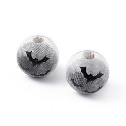 Bat Perles européennes en bois naturel imprimé halloween, perle avec trou grande, ronde, modèle de bat, 15.2~16x15mm, Trou: 4~4.5mm