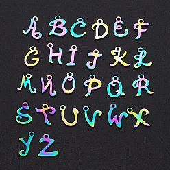 Rainbow Color Ионное покрытие (ip) 201 подвески из нержавеющей стали, лазерная резка, алфавита A ~ Z, Радуга цветов, 12x4~10x1 мм, отверстие : 1.6 мм, 26 шт / комплект