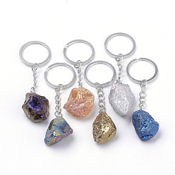 Mixed Color Rainbow Plated Natural Crystal Quartz Keychain, with Iron Findings, Nuggets, Platinum, Mixed Color, 86~98mm