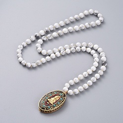 Howlite Bijoux bouddhiste, colliers à pendentif guan yin, avec des pendentifs de la déesse de la miséricorde ovale indonésienne faits à la main, Perles de rocaille en verre, perles howlite naturelles, fil de nylon tressé et fil de cuivre, 30.86 pouce (78.4 cm), pendentif: 55x30x9.6 mm