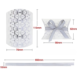 Silver Paper Pillow Candy Boxes, Gift Boxes, with Ribbon, for Wedding Favors Baby Shower Birthday Party Supplies, Silver, Box: 9x6.5x2.5cm, 50pcs/set