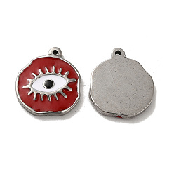 Red 304 Stainless Steel Charms, with Enamel, Flat Round with Evil Eye, Stainless Steel Color, Red, 21x18.5x2.5mm, Hole: 1.4mm