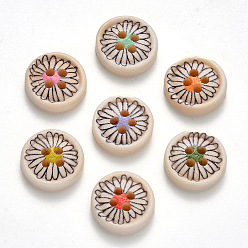 Mixed Color 2-Hole Wooden Buttons, Single-Sided Printed, Flat Round with Flower, Mixed Color, 15x4mm, Hole: 2mm