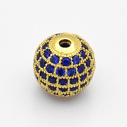Real 18K Gold Plated CZ Brass Micro Pave Grade AAA Blue Color Cubic Zirconia Round Beads, Cadmium Free & Nickel Free & Lead Free, Real 18K Gold Plated, 6mm, Hole: 1mm