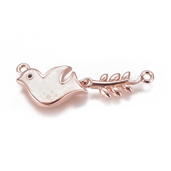 Rose Gold Brass Micro Pave Cubic Zirconia Links, with Shell, Bird with Leaf, Rose Gold, 17x32x3.5mm, Hole: 1.4mm
