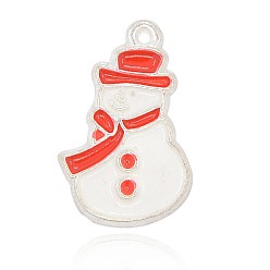 White Silver Color Plated Alloy Enamel Christmas Snowman Pendants, White & Red, 26x17x2mm, Hole: 1mm