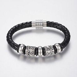 Black Braided Leather Cord Bracelets, with 304 Stainless Steel Findings and Magnetic Clasps, Black, 8-5/8 inch(220mm), 20x11.5mm