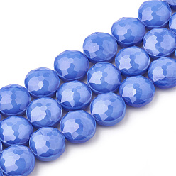 Dodger Blue Opaque Solid Color Glass Beads Strands, Faceted, Flat Round, Dodger Blue, 14x8mm, Hole: 1~1.2mm, about 25pcs/strand, 13.77 inch(35cm)