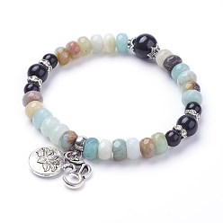 Flower Amazonite Natural Obsidian Stretch Charm Bracelets, with Flower Amazonite and Alloy Pendant, Flat Round with Lotus and Om Symbol, 2-1/4 inch(58mm)