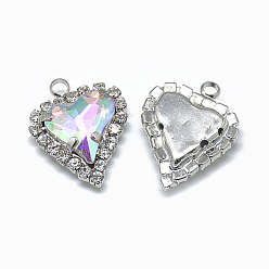 Crystal AB Glass Rhinestone Pendants, with Platinum Tone Brass Findings, Heart, Crystal AB, 21x16.5x6mm, Hole: 2mm