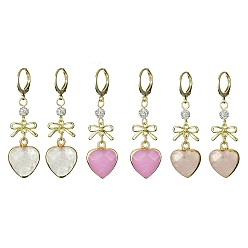 Mixed Stone Natural Mixed Gemstone Heart & Bowknot Drop Earrings, 304 Stainless Steel Leverback Earrings, 46mm