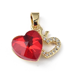 Red Real 18K Gold Plated Rack Plating Brass Micro Pave Clear Cubic Zirconia Pendants, with Glass, Long-Lasting Plated, Cadmium Free & Lead Free, Heart Charm, Red, 16x19.5x8mm, Hole: 5x3.2mm