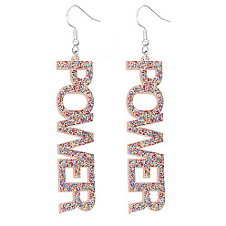 Colorful Bling Acrylic Word Power Dangle Earrings, Platinum Plated Iron Feminism Jewelry for Women, Colorful, 90x17x2.5mm