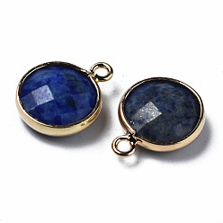Lapis Lazuli Natural Lapis Lazuli Charms, Faceted, with Golden Plated Brass Edge and Loop, Flat Round, 14.5x11.5x4.5mm, Hole: 1.5mm