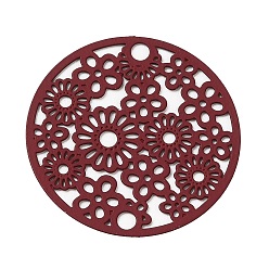 Rouge Foncé 430 charmes de connecteur en acier inoxydable, embellissements en métal gravé, plat rond avec liens fleuris, rouge foncé, 20x0.5mm, Trou: 1.8mm