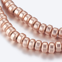 Rose Gold Plated Non-magnetic Synthetic Hematite Beads Strands, Frosted, Rondelle, Rose Gold Plated, 3x2mm, Hole: 1mm, about 206pcs/strand, 16.1 inch(41cm)