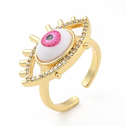 Hot Pink Cubic Zirconia Sun with Evil Eye Open Cuff Ring with Enamel, Real 18K Gold Plated Brass Jewelry for Women, Cadmium Free & Lead Free, Hot Pink, US Size 6(16.5mm)