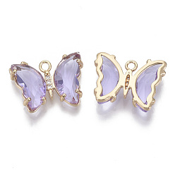 Lilac Glass Pendants, with Micro Pave Cubic Zirconia and Brass Open Back Settings, Faceted, Butterfly, Light Gold, Lilac, 15.5x20x4mm, Hole: 1.8mm