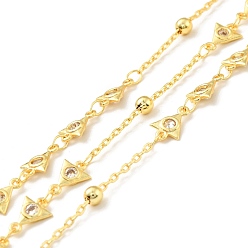 Golden Rack Plating Brass Triangle Link & Satellite Chains, with Clear Cubic Zirconia, Long-Lasting Plated, Soldered, with Spool, Cadmium Free & Lead Free, Golden, 9x6.5x1.5mm, 10x2x0.5mm