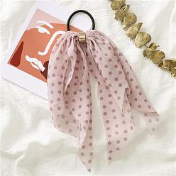Misty Rose Polka Dot Pattern Cloth Elastic Hair Accessories, for Girls or Women, with Iron Findings, Hair Ties with Long Tail, Knotted Bow Hair Scarf, Misty Rose, 250mm