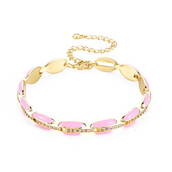 Perlas de Color Rosa Pulsera de cadena de eslabones de circonita cúbica micro pavé de latón para mujer, pulseras ovaladas de esmalte, sin níquel, real 18 k chapado en oro, rosa perla, 6-7/8 pulgada (17.5 cm), 7 mm