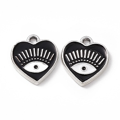 Black Alloy Enamel Pendants, Platinum, Heart with Eye Charm, Black, 14.5x13x1.5mm, Hole: 1.6mm