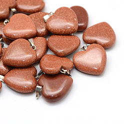 Goldstone Heart Synthetic Goldstone Pendants, with Platinum Tone Brass Findings, 20~22x20~21x5~8mm, Hole: 2x7mm